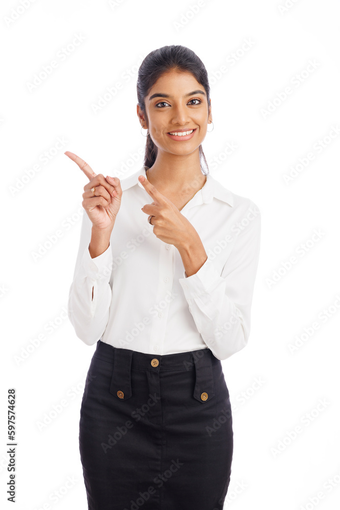 Happy young business woman pointing isolated on white. Happy young business woman pointing isolated on white.