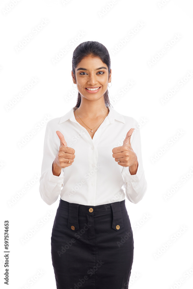 Successful young business woman showing thumbs up isolated on white. Successful young business woman showing thumbs up isolated on white.
