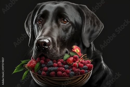 AI Generated illustration of Black dog face strawberry on dark background