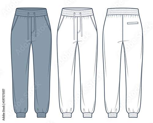 Jogger Pants fashion technical drawing template. Sweat Pants technical fashion Illustration, relaxed fit, pocket, elastic waistband, front, back view, white, grey, women, men, unisex CAD mockup set.