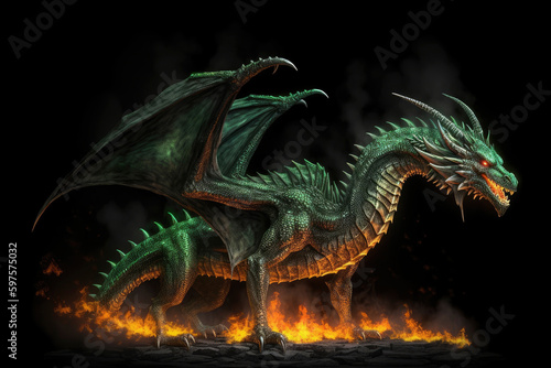Full length green fire breathing dragon surrounded by flame and smoke isolated on black background. Symbol of 2024. Chinese New Year. Dragon image. High definition. Generative AI  human enhanced
