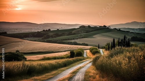The countryside of Tuscany was portrayed in a picture, depicting rolling hills and a large vill - generative ai.