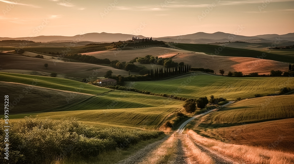 Rolling hills of the Tuscan countryside were captured in an image - generative ai