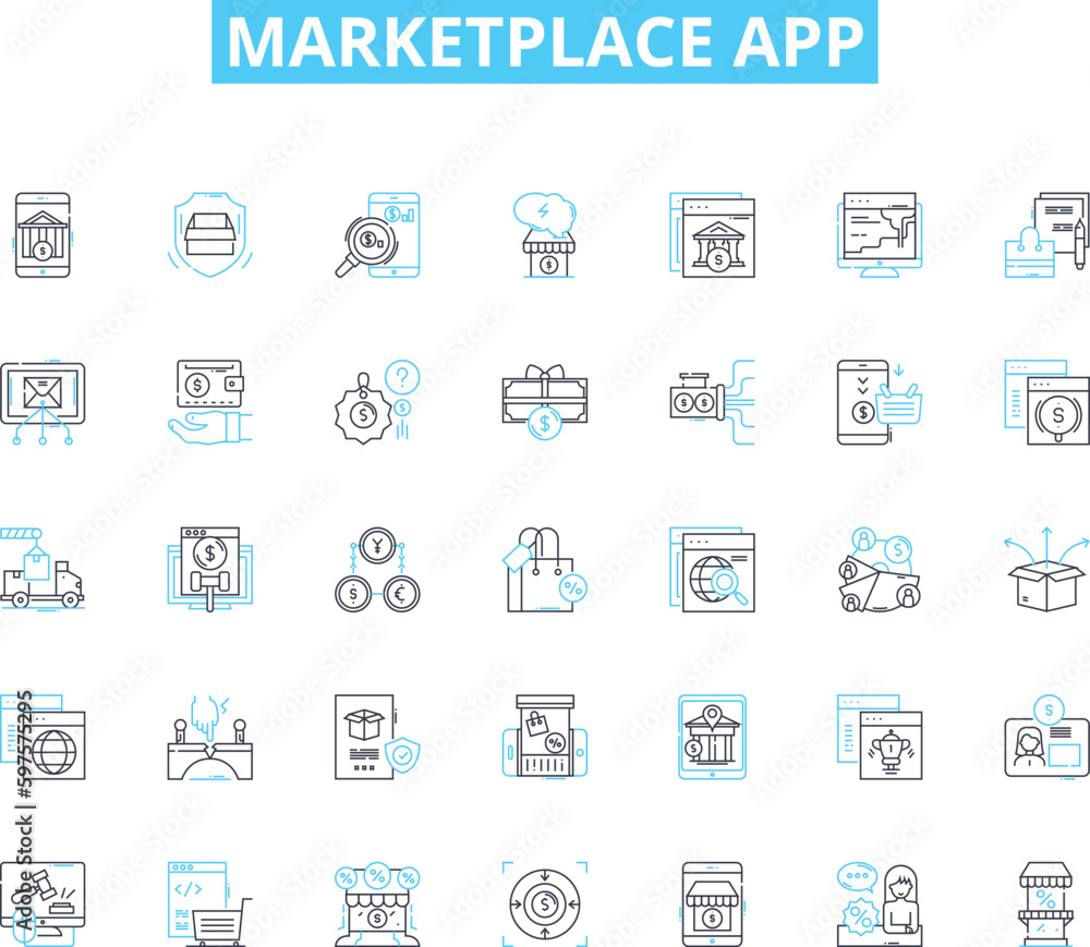 Marketplace app linear icons set. Commerce, Transaction, Buying, Selling, Platform, Trade, Exchange line vector and concept signs. Community,Share,Listings outline illustrations Marketplace app linear icons set. Commerce, Transaction, Buying, Selling, Platform, Trade, Exchange line vector and concept signs. Community,Share,Listings outline illustrations