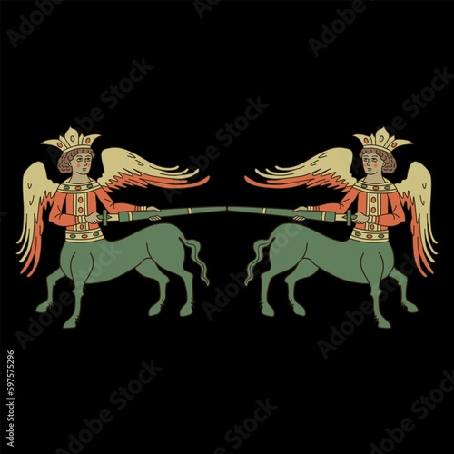 Symmetrical ethnic design with two warrior centaurs fighting on swords. Russian medieval folk design. On black background.
