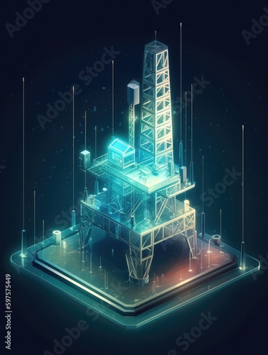 An oil rig icon with translucent glass isometric view .Generative AI