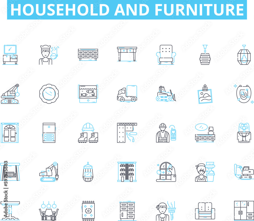 Household and furniture linear icons set. Sofa, Bed, Chair, Table, Shelf, Lamp, Rug line vector and concept signs. Mirror,Couch,Cushion outline illustrations