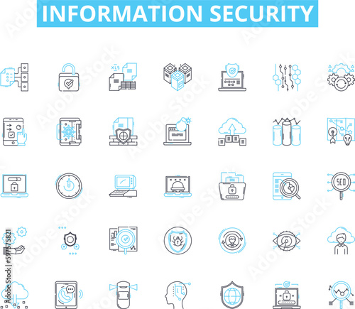 Information security linear icons set. Encryption, Firewall, Authentication, Malware, Hacking, Cybersecurity, Phishing line vector and concept signs. Virus,Cyberattack,Intrusion outline illustrations