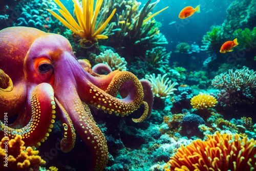 Underwater view of giant octopus with beautiful natural ocean background. Life in the coral reef underwater. Wildlife concept of ecological environment. Generative AI