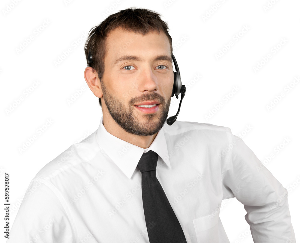Portrait of young businessman in suit with headphones isolated on white background Portrait of young businessman in suit with headphones isolated on white background