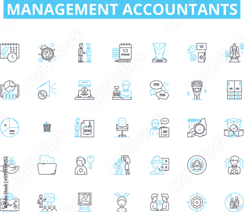 Management accountants linear icons set. Analysis, Budgeting, Compliance, Decision-making, Efficiency, Financial, Forecasting line vector and concept signs. Governance,Growth,Innovation outline
