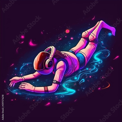 mind of girl expand her to fly limitless through space, with VR glasses and headphones project a breathtaking view of cosmos when he float weightlessly among stars