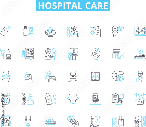 Hospital care linear icons set. Treatment, Emergency, Surgery, Medicine, Nurses, Patient, Rehabilitation line vector and concept signs. Pain,Inpatient,Outpatient outline illustrations
