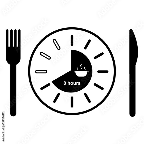 Concept with fork and knife. Intermittent fasting 16/8 schedule icon. Vector illustration isolated on white.