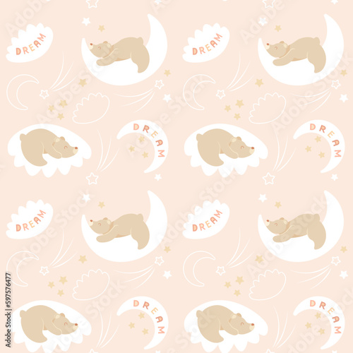 seamless pattern with sleeping bears  stars  moon and clouds.vector illustration