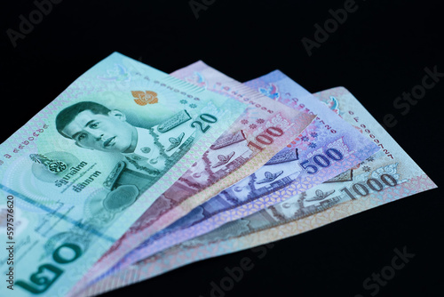 Thai baht banknotes. Cash money of Thailand. Thai economy and financial system concept.