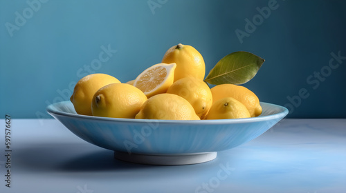 Plate with fresh lemons on a blue background. Generative AI.