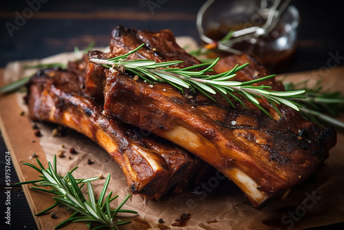 Costelinha de porco grelhada com alecrim e pimenta em papel ofício