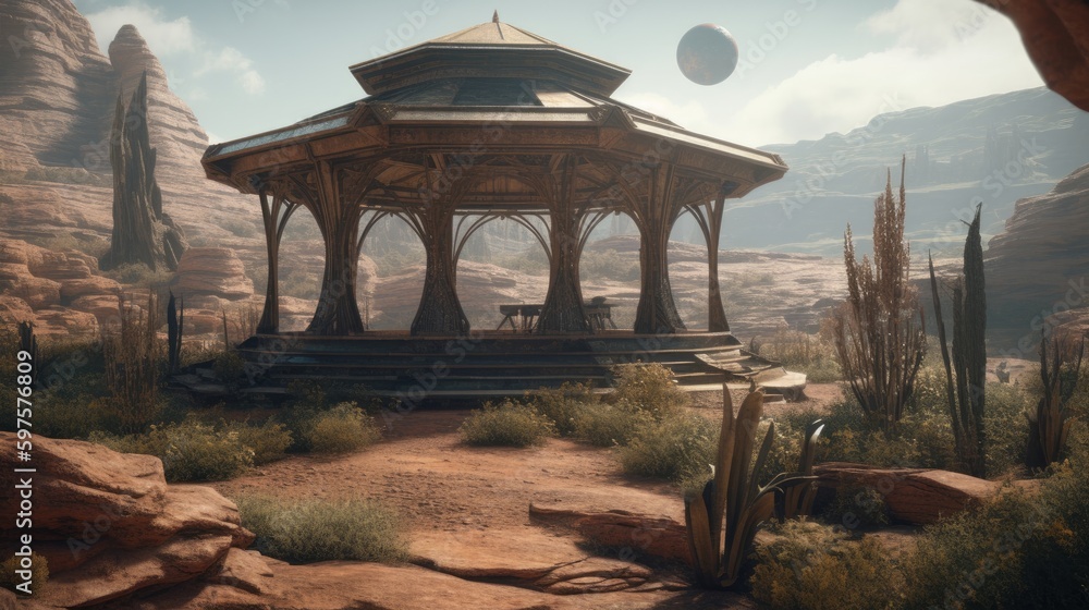 Cinematic Panoramic View of Insane Details in a Martian Landscape at Gazebo with Unreal Engine, DOF, and Super-Resolution Effects, Generative ai
