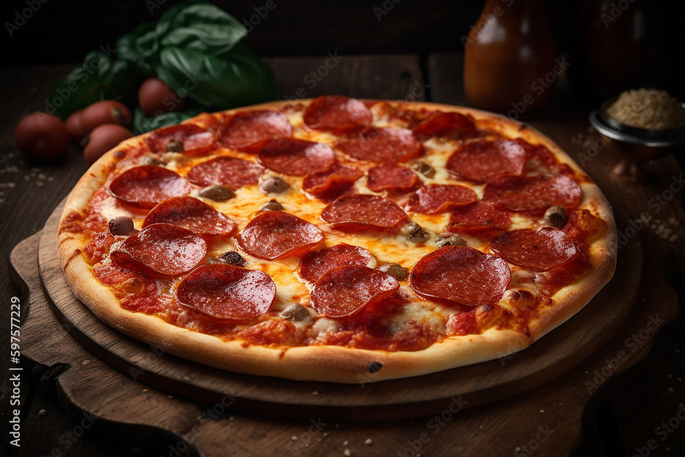 Pizza Pepperoni - Uma pizza de pepperoni feita na hora com linguiça e queijo escorrendo da crosta. Fast food italiano insalubre, mas delicioso