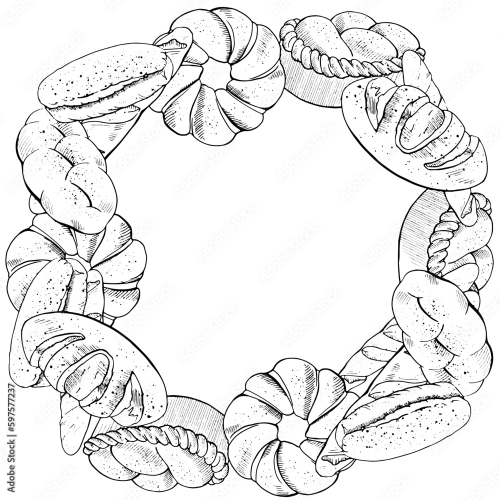 Graphic drawing of fresh baked goods. Text frame for printing on bakery packaging, bakery, restaurants, website design, kitchen design print. Line illustration vector. Graphic drawing of fresh baked goods. Text frame for printing on bakery packaging, bakery, restaurants, website design, kitchen design print. Line illustration vector.