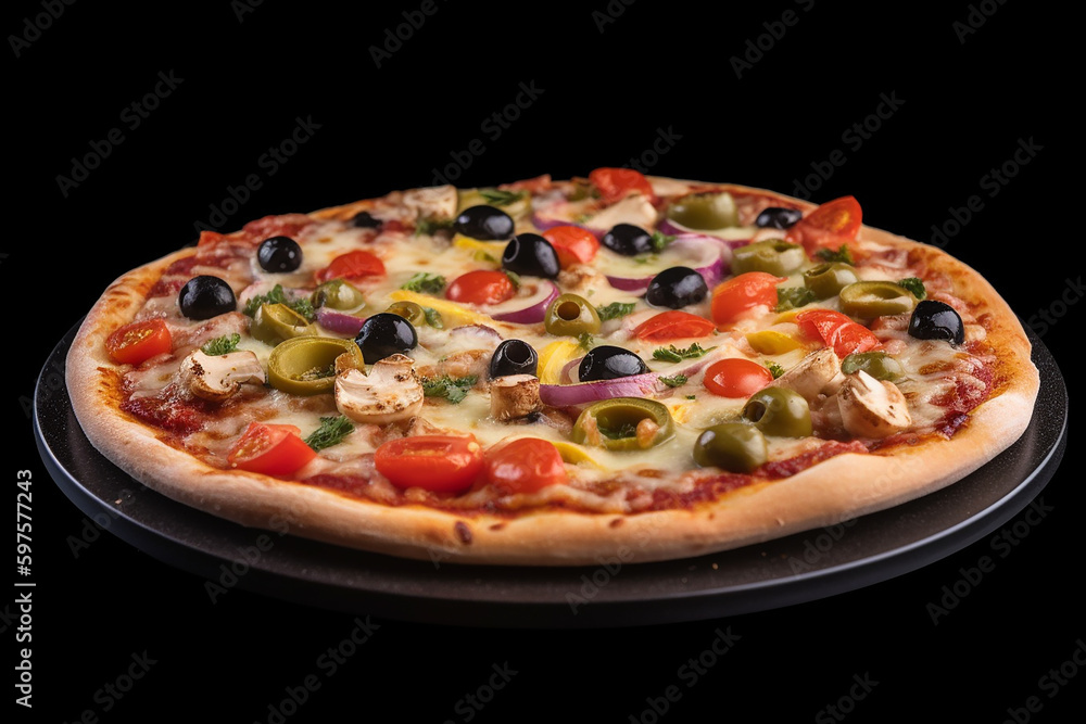 Pizza Veggie - Uma deliciosa pizza italiana com mussarela, azeitonas, linguiça e legumes em um fundo preto. Alimentação não saudável no seu melhor