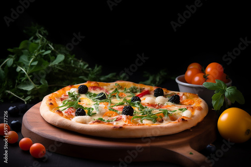 Pizza Margherita - Uma deliciosa pizza italiana com mussarela fresca, ervas, legumes e frutas sobre um fundo preto brega. Insalubre, mas oh, tão saboroso photo