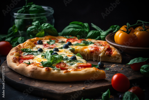 Pizza Margherita - Uma deliciosa pizza italiana com mussarela fresca, ervas, legumes e frutas sobre um fundo preto brega. Insalubre, mas oh, tão saboroso