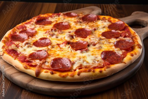 Pizza Pepperoni - Uma pizza de pepperoni feita na hora com linguiça e queijo escorrendo da crosta. Fast food italiano insalubre, mas delicioso