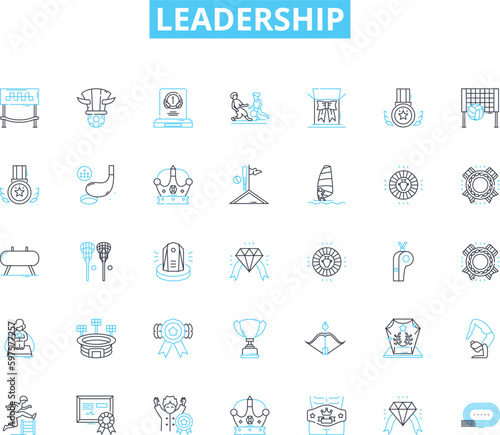 Leadership linear icons set. Vision, Empowerment, Influence, Integrity, Inspiration, Responsibility, Communication line vector and concept signs. Guidance,Confidence,Accountability outline