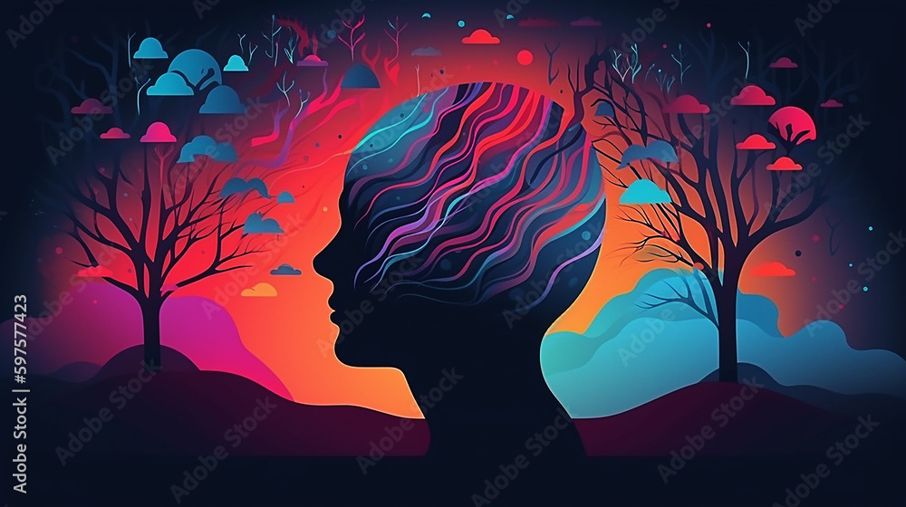 Psicologia, sonho, ilustração do conceito de saúde mental. Cérebro, neurociência e cartaz de mente criativa, capa - obrazy, fototapety, plakaty 