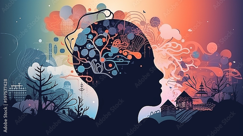 Psicologia, sonho, ilustração do conceito de saúde mental. Cérebro, neurociência e cartaz de mente criativa, capa - obrazy, fototapety, plakaty 