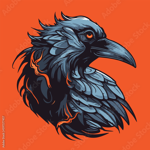 Vector illustration of a raven head on an orange background. Tattoo design