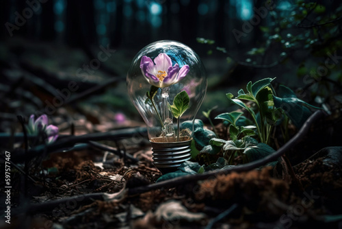 Light bulp with flower inside in forest. Digitally generated AI image photo