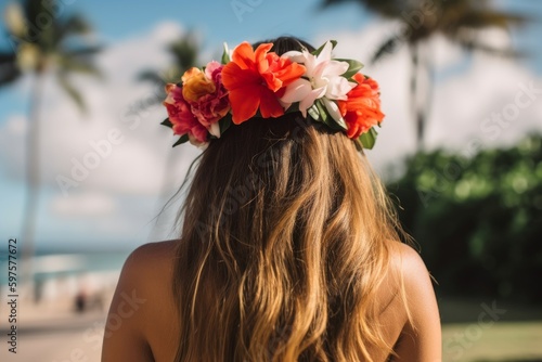Back view woman hawaii. Generate AI photo