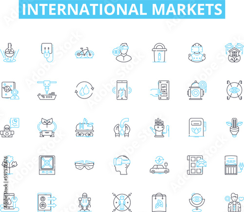 International markets linear icons set. Globalization, Trade, Export, Import, Cross-border, Exchange, Multinational line vector and concept signs. Diversity,Integration,Outsourcing outline