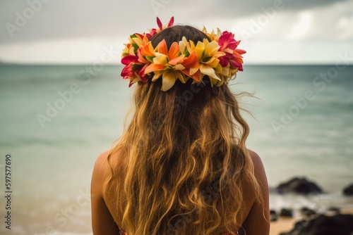 Back view woman hawaii beach girl. Generate AI photo