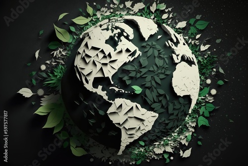 Planet earth from leaves. Concept of reforestation and planet health, earth day .generative ai