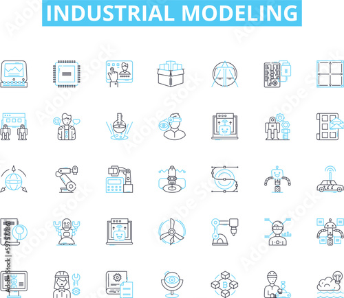 industrial modeling linear icons set. Factories, Manufacturing, Assembly, Automation, Robotics, D printing, Engineering line vector and concept signs. Machining,Simulation,Processes outline
