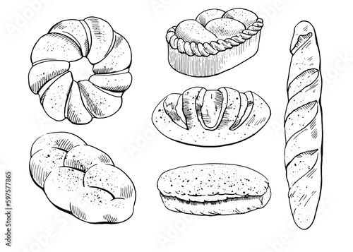 Graphic drawing of fresh baked goods. Set for printing on the packaging of bakery products, bakeries, restaurants, website design, kitchen design printing. 