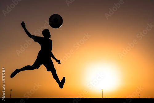 atleta de futebol de silhueta chutando bola no ar