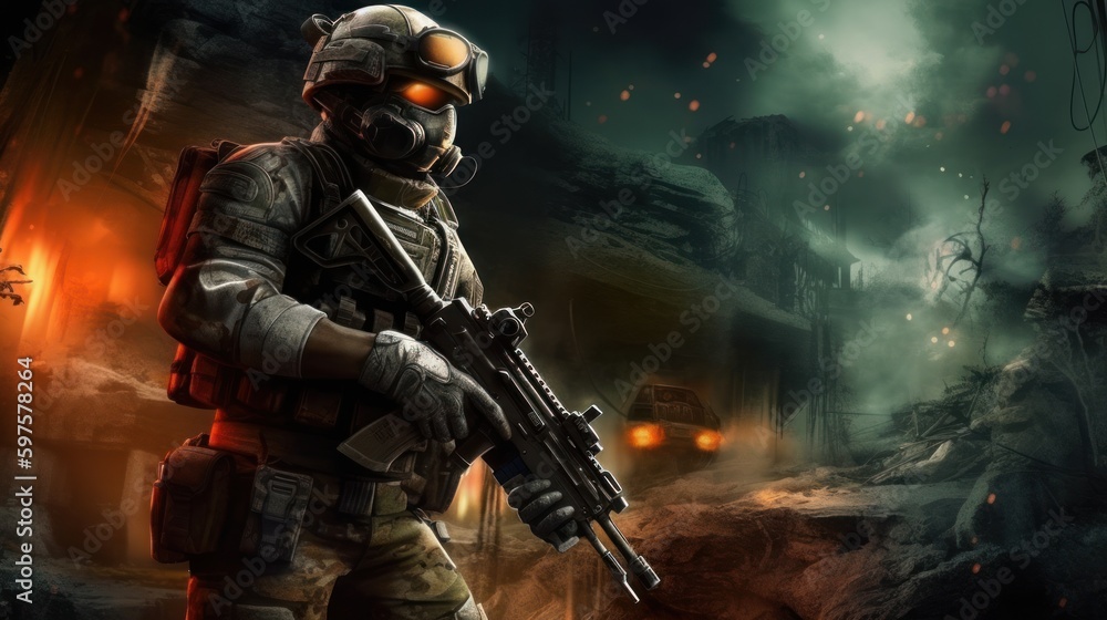 Naklejka premium First Person Shooter Game Art FPS Wallpaper Background