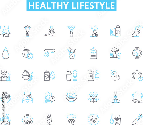 Healthy lifestyle linear icons set. Nourishment  Fitness  Wellness  Balance  Nutrition  Exercise  Hydration line vector and concept signs. Rest Self-care Mindfulness outline illustrations