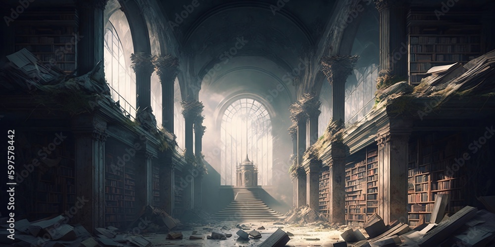 Vintage library with bookshelves in a post-apocalyptic world
