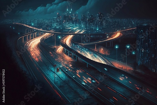 View of the night city and the illuminated highway on which cars drive