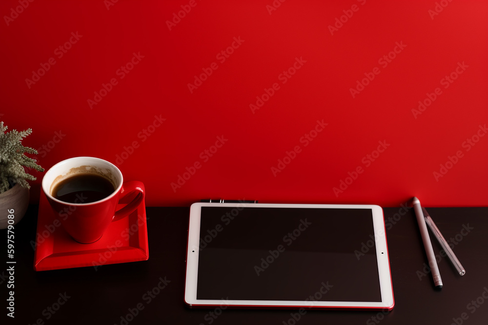 Local de trabalho com computador tablet, notebook e copo perto da parede vermelha - obrazy, fototapety, plakaty 