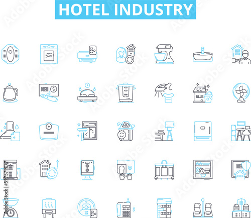 Hotel industry linear icons set. Accommodation, Hospitality, Luxury, Service, Travel, Lodging, Amenities line vector and concept signs. Boutique,Comfort,Reservations outline illustrations