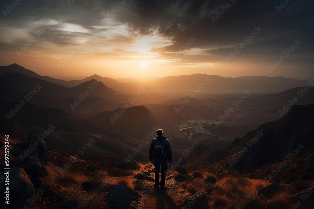 Man in mountains enjoys beautiful sunset and spectacular landscape. Digitally generated AI image. Not an actual real person.