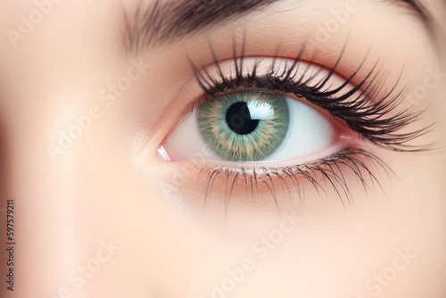Olho de mulher com cílios longos. Extensão de cílios