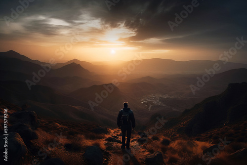 Man in mountains enjoys beautiful sunset and spectacular landscape. Digitally generated AI image. Not an actual real person. © 0livia